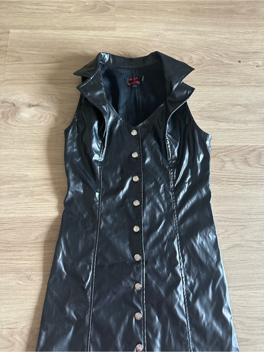 Tripp NYC Vintage Black Faux Leather Button-Front Sleeveless Coat Dress